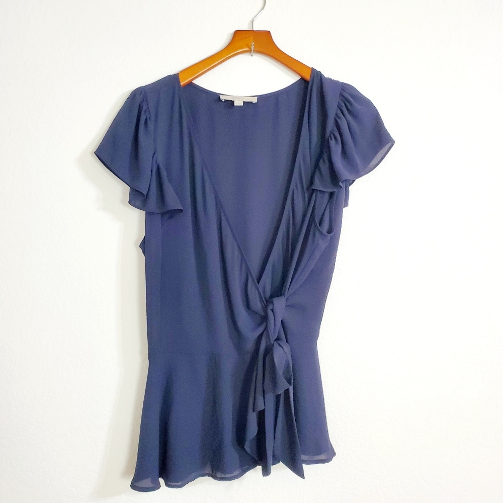 LOFT - Navy Blue Wrap Blouse with Flutter Sleeves, Cross Over Surplice
